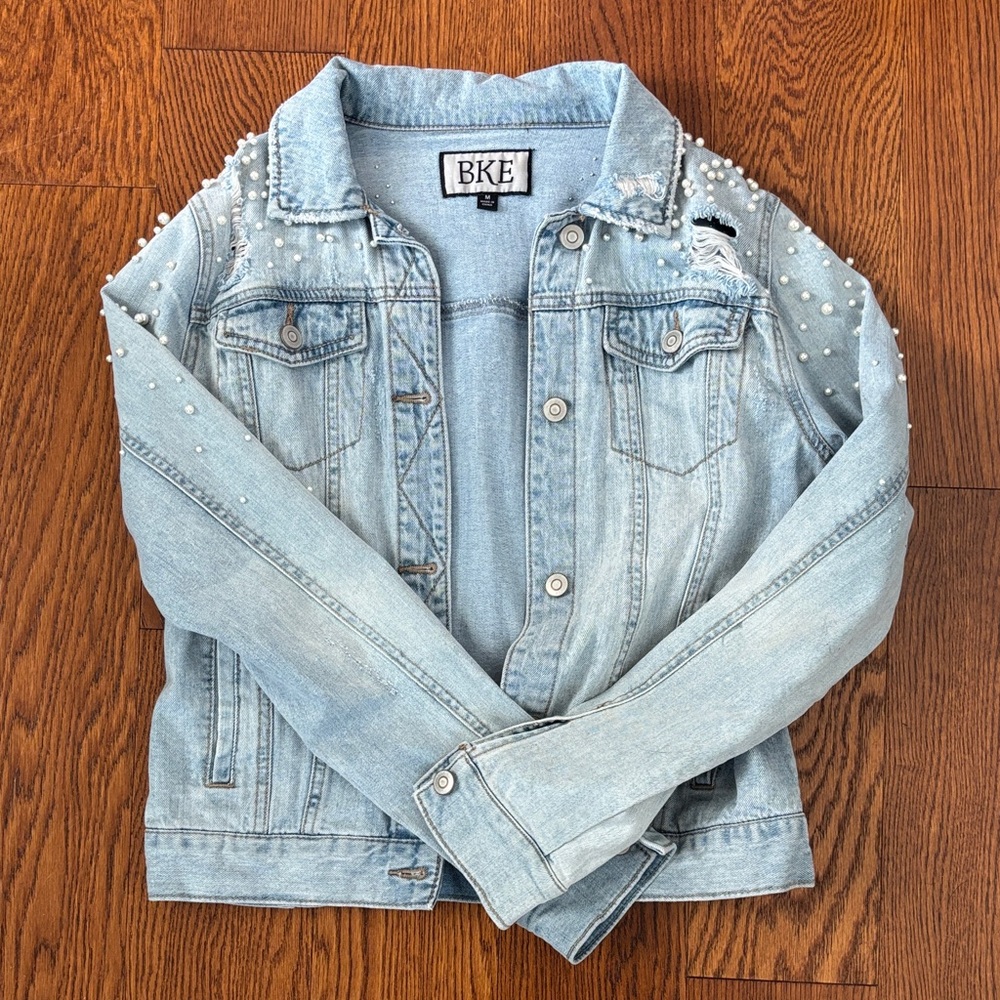 BKE Pearl-Studded Light Blue Denim Jacket